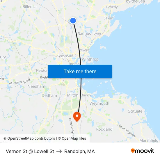 Vernon St @ Lowell St to Randolph, MA map