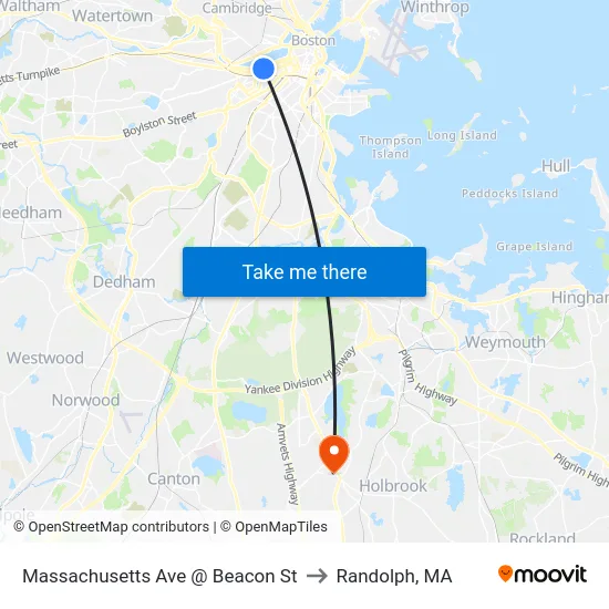 Massachusetts Ave @ Beacon St to Randolph, MA map