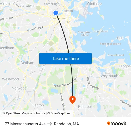 77 Massachusetts Ave to Randolph, MA map