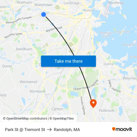 Park St @ Tremont St to Randolph, MA map