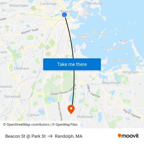 Beacon St @ Park St to Randolph, MA map