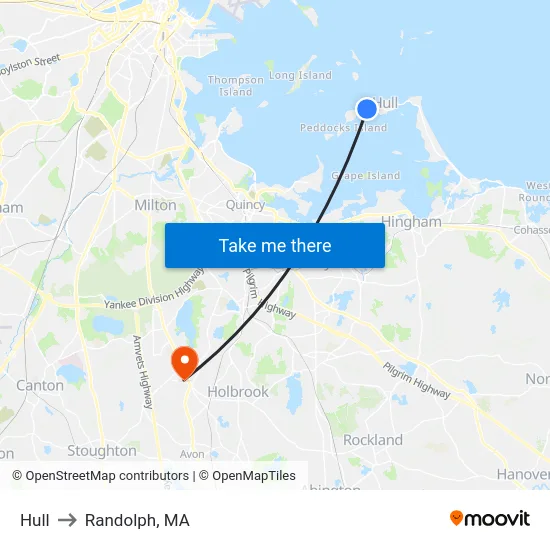 Hull to Randolph, MA map