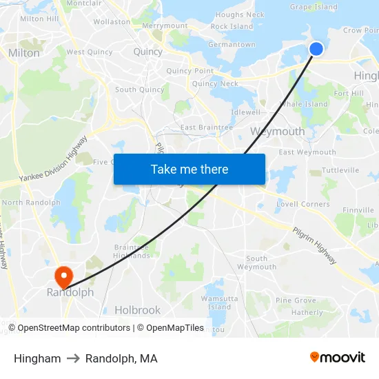 Hingham to Randolph, MA map