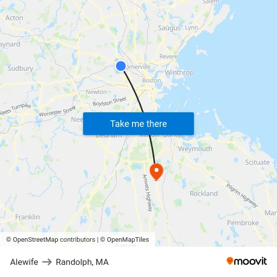 Alewife to Randolph, MA map