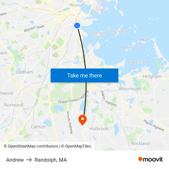 Andrew to Randolph, MA map