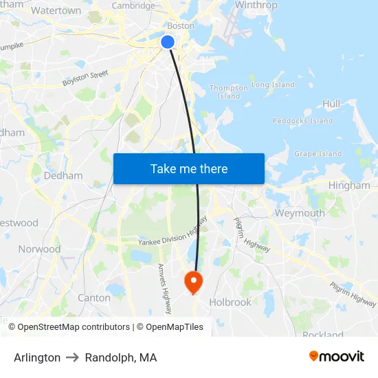 Arlington to Randolph, MA map