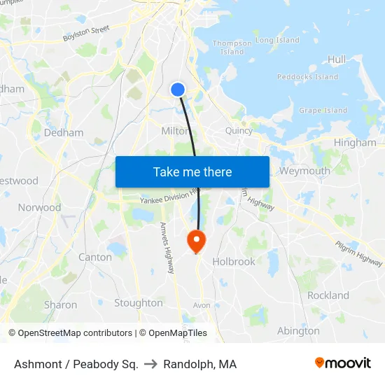 Ashmont / Peabody Sq. to Randolph, MA map