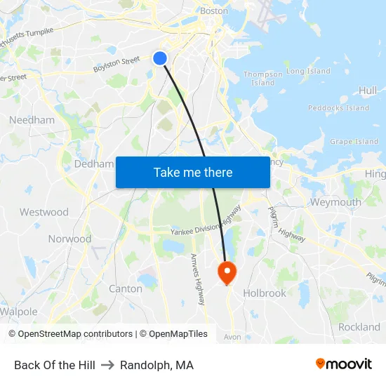 Back Of the Hill to Randolph, MA map