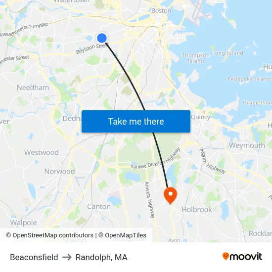 Beaconsfield to Randolph, MA map