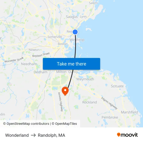 Wonderland to Randolph, MA map