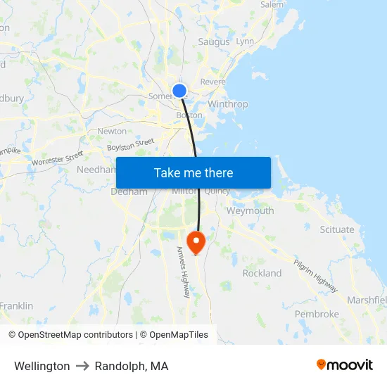 Wellington to Randolph, MA map