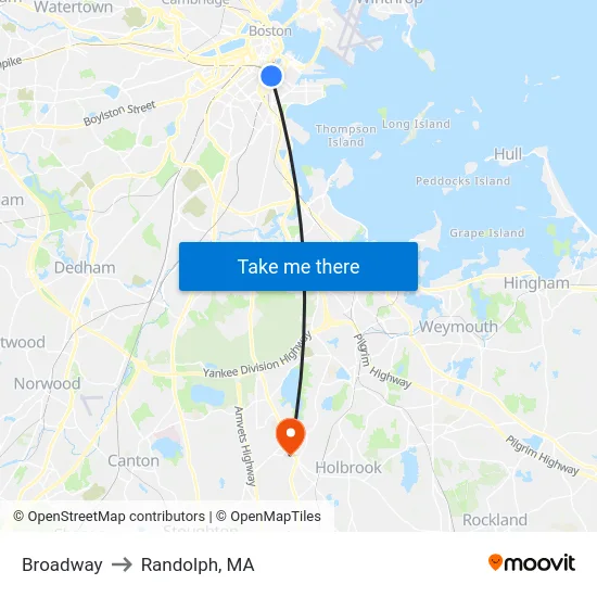 Broadway to Randolph, MA map