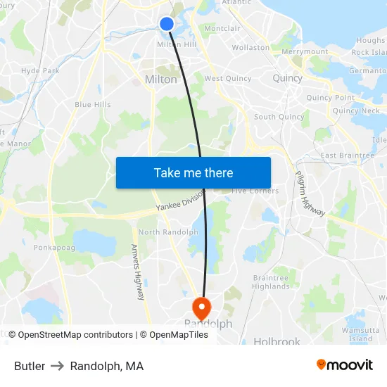 Butler to Randolph, MA map