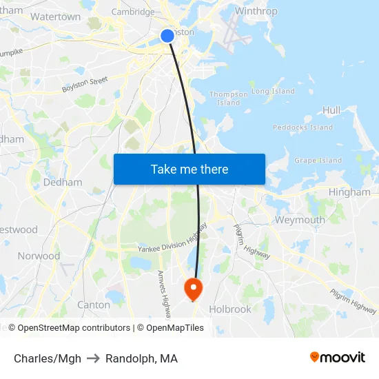 Charles/Mgh to Randolph, MA map