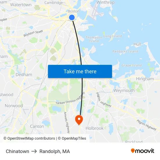 Chinatown to Randolph, MA map