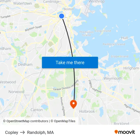 Copley to Randolph, MA map