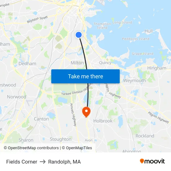 Fields Corner to Randolph, MA map
