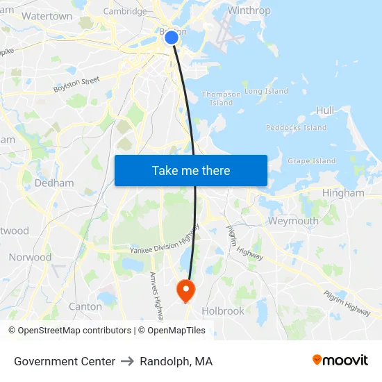Government Center to Randolph, MA map