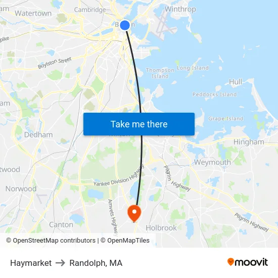 Haymarket to Randolph, MA map