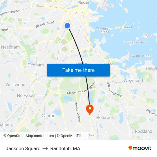 Jackson Square to Randolph, MA map