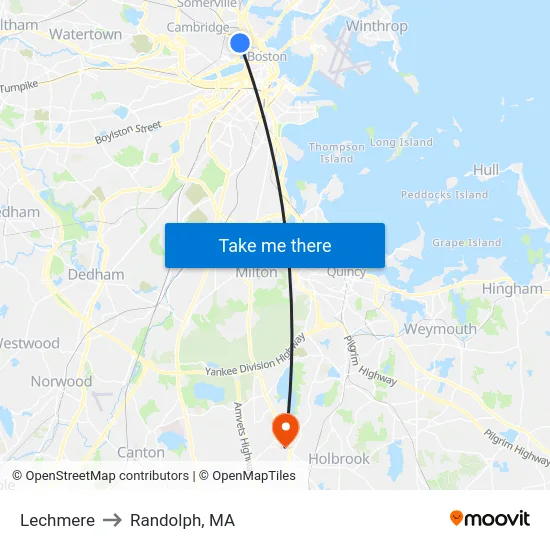 Lechmere to Randolph, MA map