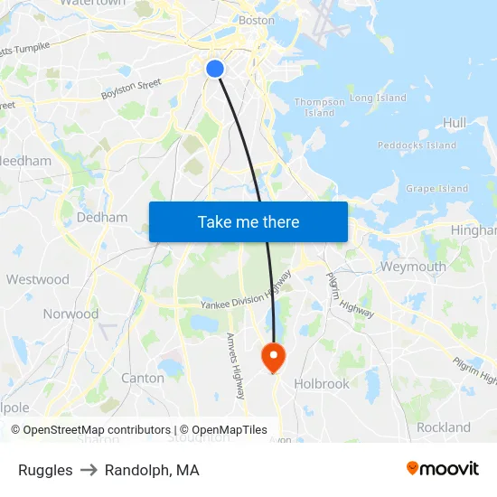 Ruggles to Randolph, MA map