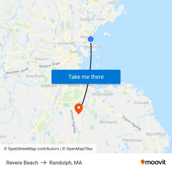 Revere Beach to Randolph, MA map