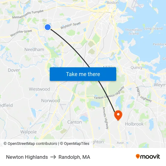 Newton Highlands to Randolph, MA map