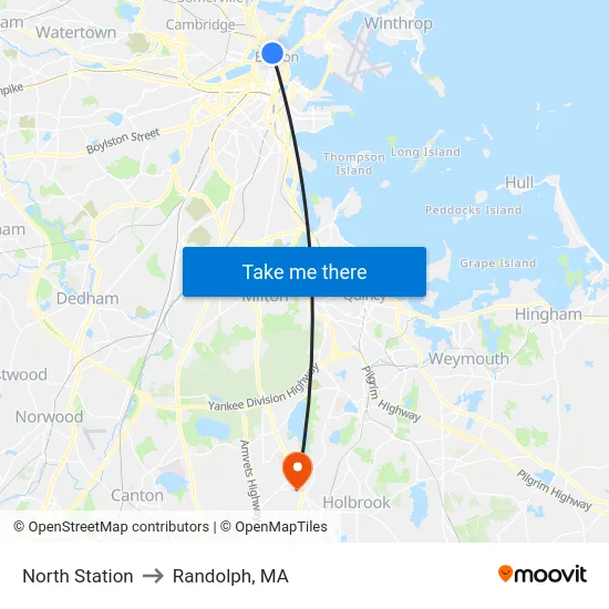 North Station to Randolph, MA map