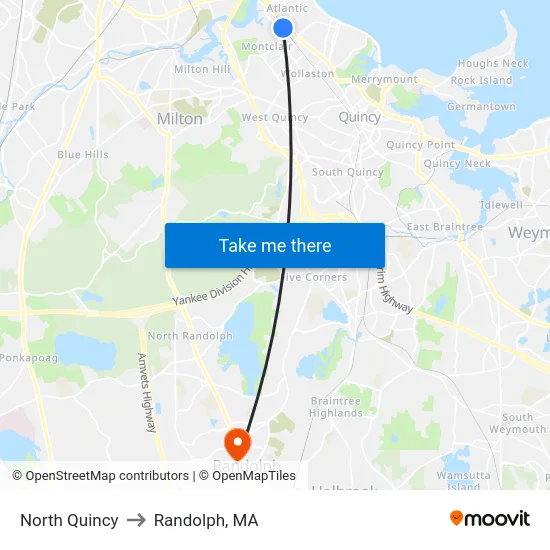 North Quincy to Randolph, MA map