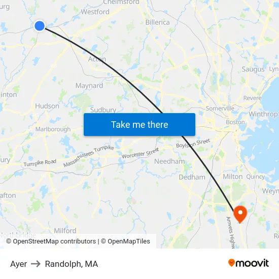Ayer to Randolph, MA map
