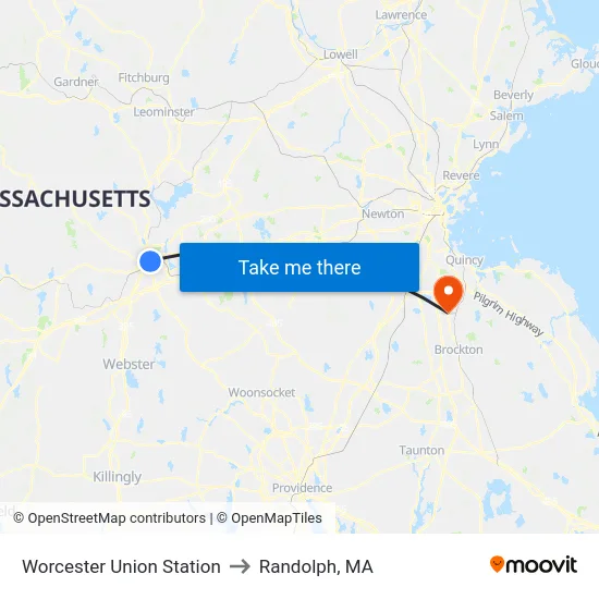 Worcester Union Station to Randolph, MA map