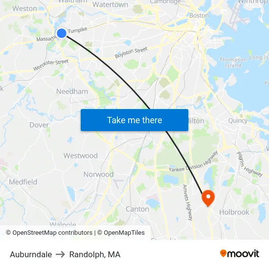 Auburndale to Randolph, MA map