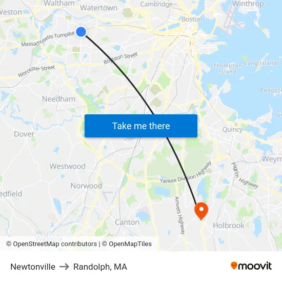 Newtonville to Randolph, MA map