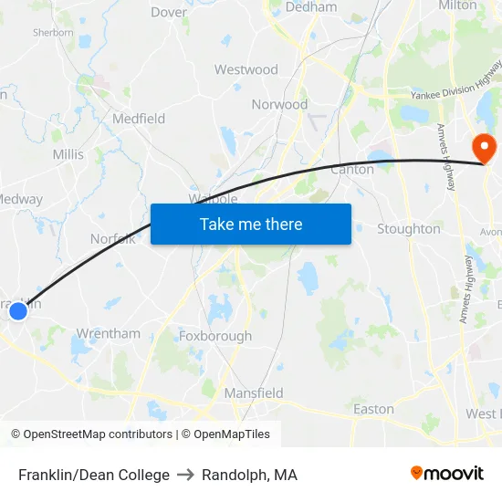 Franklin/Dean College to Randolph, MA map