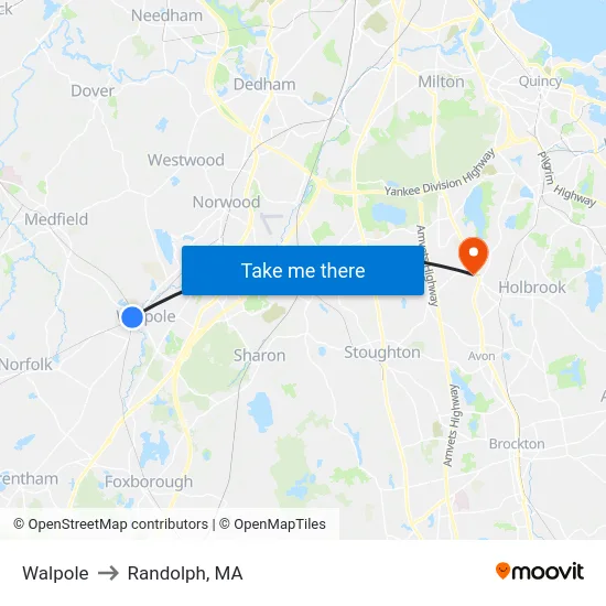 Walpole to Randolph, MA map