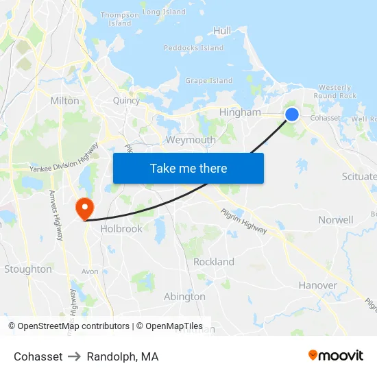 Cohasset to Randolph, MA map