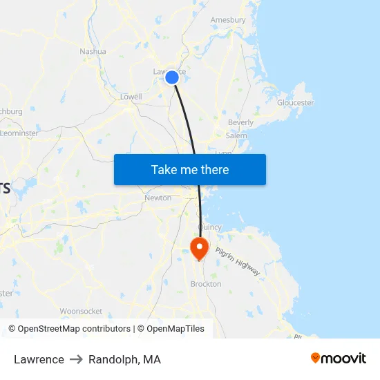 Lawrence to Randolph, MA map