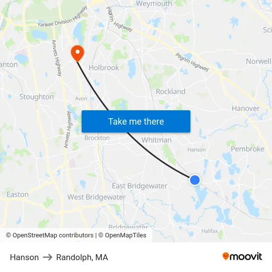 Hanson to Randolph, MA map