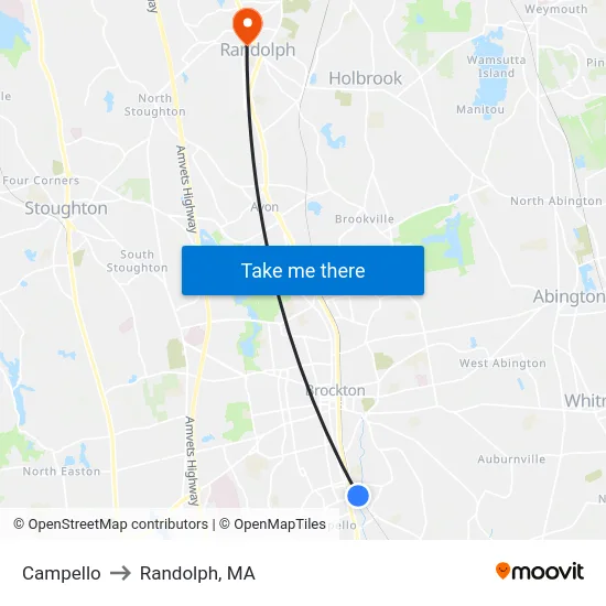 Campello to Randolph, MA map