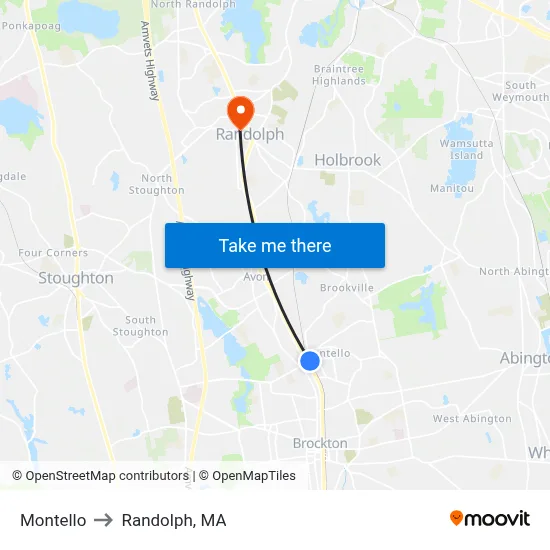 Montello to Randolph, MA map