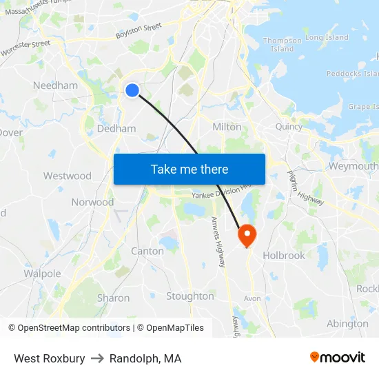 West Roxbury to Randolph, MA map
