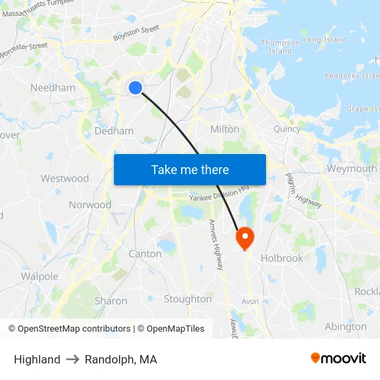 Highland to Randolph, MA map
