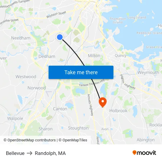 Bellevue to Randolph, MA map
