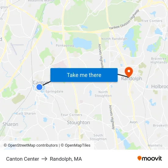 Canton Center to Randolph, MA map