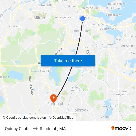 Quincy Center to Randolph, MA map