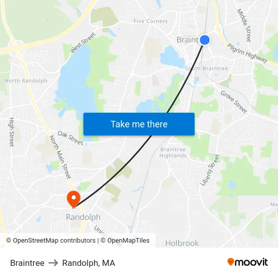 Braintree to Randolph, MA map