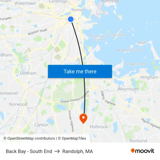 Back Bay - South End to Randolph, MA map