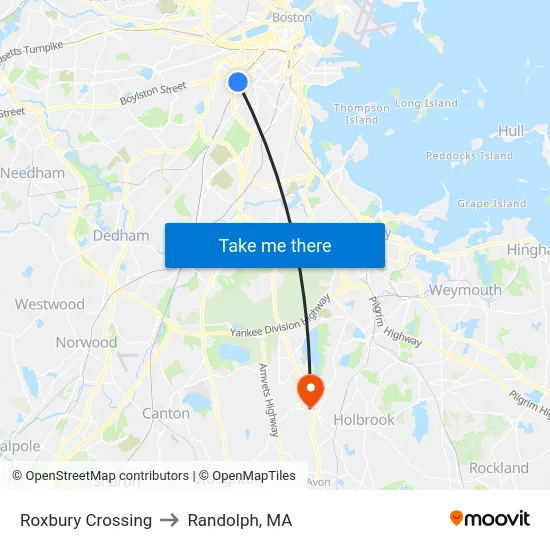 Roxbury Crossing to Randolph, MA map