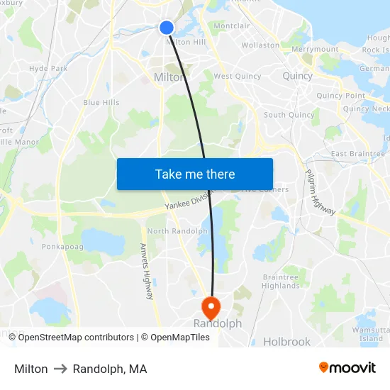 Milton to Randolph, MA map